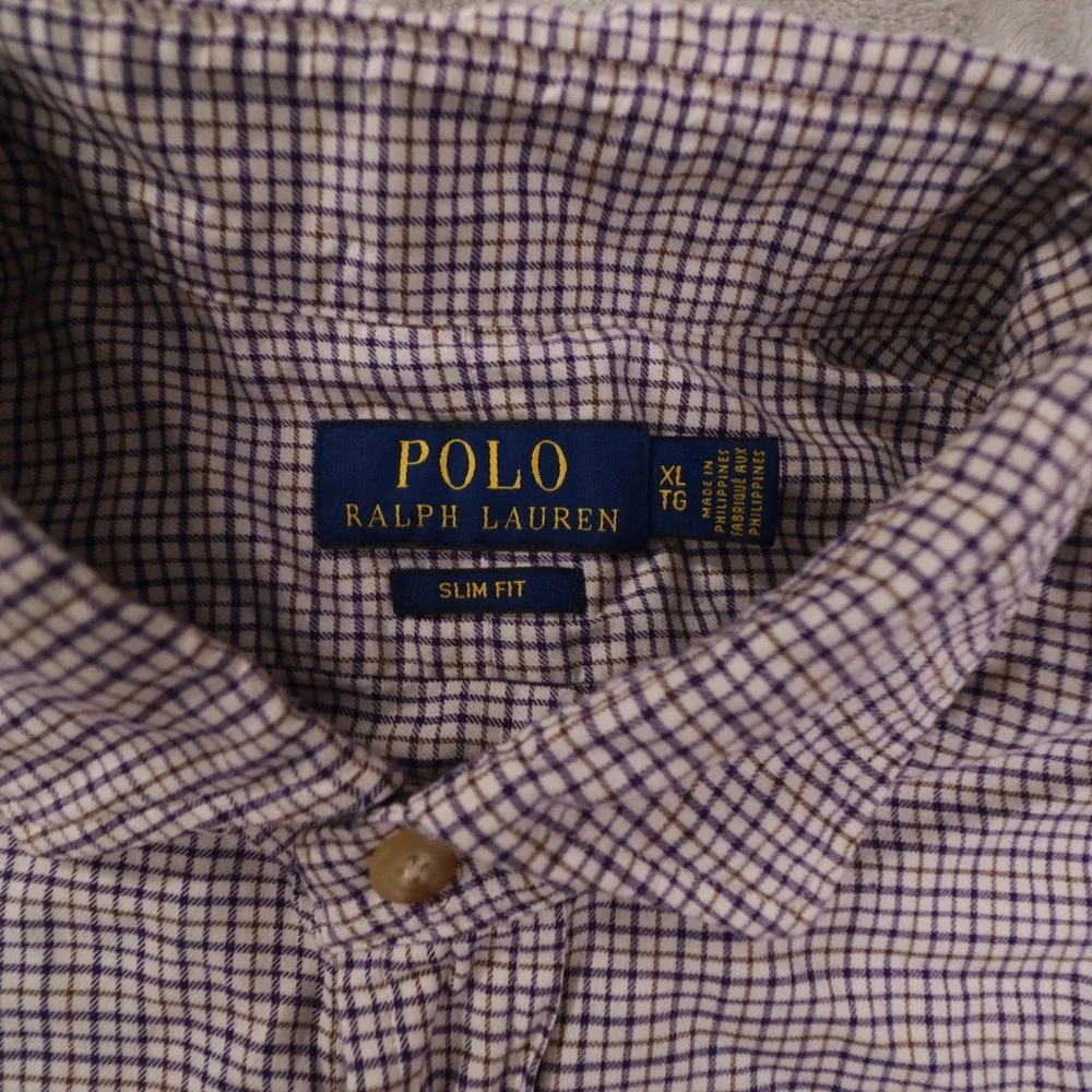 Polo Ralph Lauren Ivory Blue Brown Plaid Slim Fit Long Sleeve Button Up Shirt XL